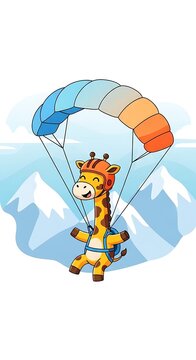 A cartoon giraffe with a parachute and helmet smiles as it floats in the sky above snowy mountains, set against a white background