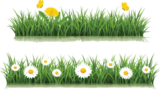 Spring grass border vector set featuring meadow strips with daisies, dandelion and butterflies in fresh natural design style