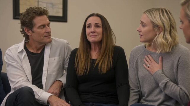 Supportive group of people comforting a grieving woman in a counseling session