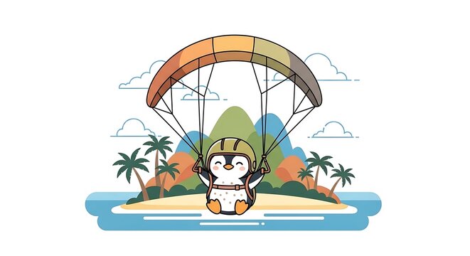 A cartoon penguin is parasailing over a tropical island, enjoying the scenery with a helmet on. The sky has clouds