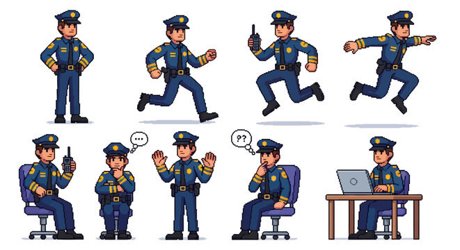 Police Officer Various Actions Cartoon.