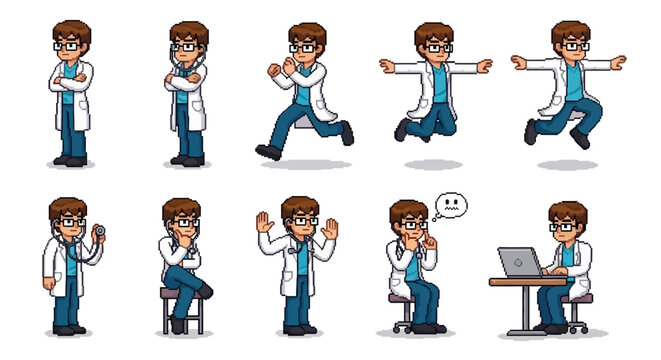 Cartoon Scientist Various Poses Emotions.