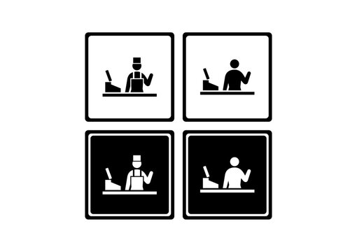 Set of four minimalist pictograms in showing a cashier and customer at a retail counter, representing sales, checkout, and customer service.