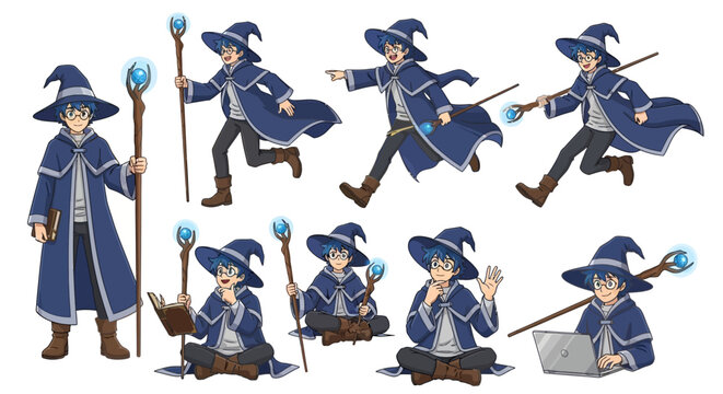 Young Male Wizard Character Set Various Poses.