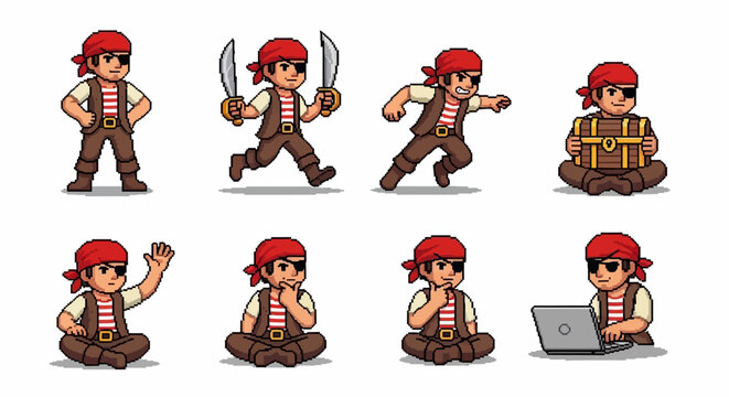 Pixel Art Pirate Character Set for Games.