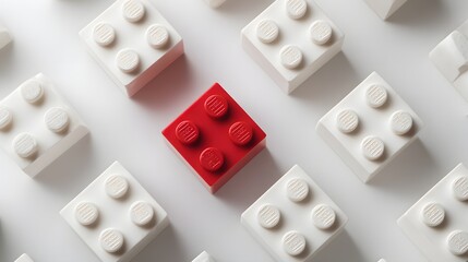 Fototapeta premium Red Lego Brick Surrounded by White Bricks - A Concept of Uniqueness and Standing Out.