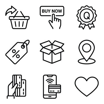 E commerce and online shopping line icon set featuring purchase options loyalty and payment methods ecommerce shopping