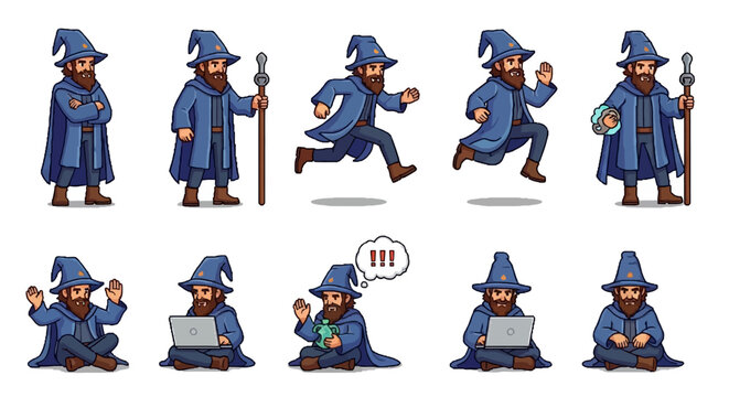 Pixel Art Wizard Character Set With Multiple Poses.