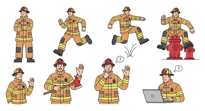 Firefighter in various action poses uniform.