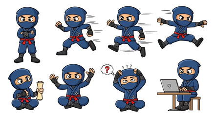 Cartoon ninja character in various poses. © Formasi
