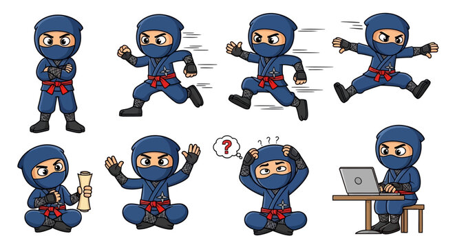 Cartoon ninja character in various poses.