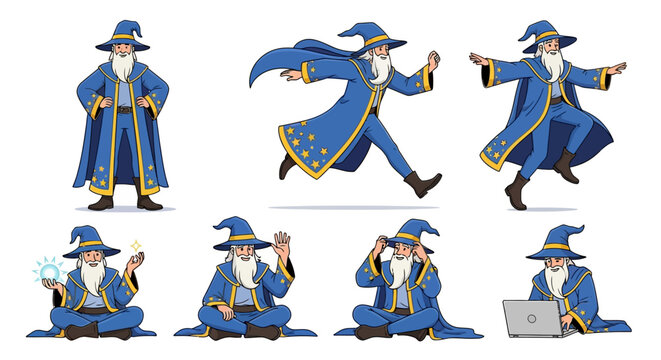 Cartoon wizard in blue robes.