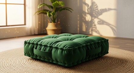 Fototapeta premium A Deep Emerald Green Plush Velvet Floor Cushion Offering Comfortable Seating Indoors