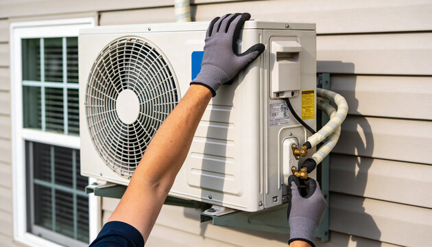 A gloved worker is meticulously connecting pipes to an outdoor mini-split air conditioning unit on a house wall.