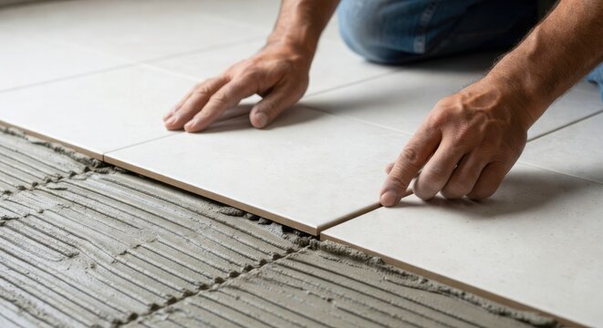 Close-up of hands meticulously laying light-colored floor tiles on a textured cement mortar bed during renovation.