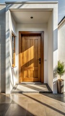 Fototapeta premium A photo of a new house entrance with a simple yet elegant wooden door and crisp white walls creating a welcoming appearance