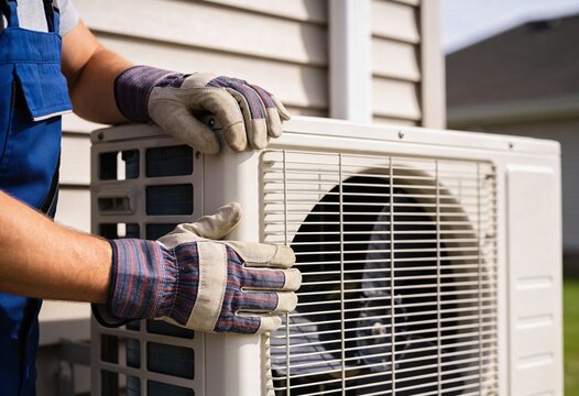 A person in work gloves and blue overalls is seen adjusting a white outdoor air conditioning unit with a fan.