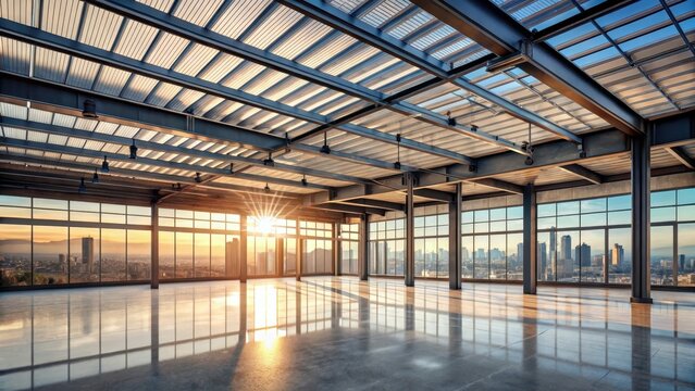 A photo of an industrial hall with a flat roof, exposed metal beams, and large windows overlooking the city