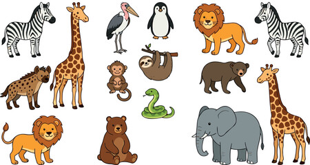Obraz premium Adorable Collection of Wild Animal Characters Featuring Lion Elephant Giraffe Zebra and Other Zoo Favorites for Kids