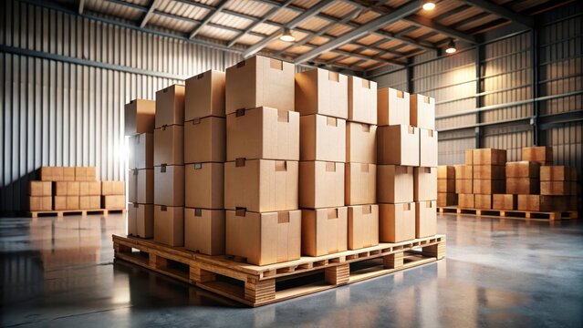 A photo of weathered cardboard boxes stacked on a wooden pallet, ready for shipping and storage in a warehouse