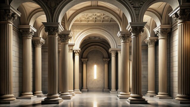 A photo of a classical style colonnade with intricate carvings and smooth stone pillars supporting an arched entrance