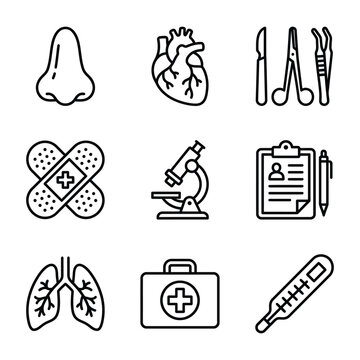 Set of medical diagnostic icons including heart lungs microscope thermometer and surgical instruments in outline style