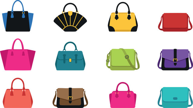 Colorful Collection of Modern Women Fashion Handbags Including Tote Shoulder Messenger and Satchel Bag Style Illustrations