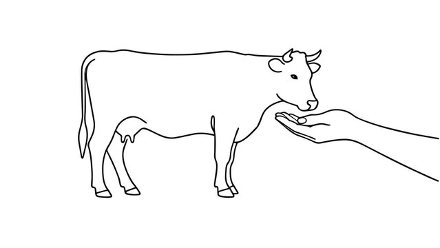 Minimal Continuous Line Art Cow Feeding by Hand Qurban Concept Islamic Sacrifice Illustration for Education and Social Media PNG