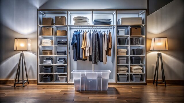 A photo of a closet door open to reveal neatly organized plastic clear containers filled with stacks of clothes, showcasing an efficient and tidy stor