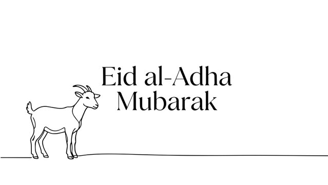 Minimal Continuous Line Art Goat with Eid al-Adha Mubarak Text Islamic Celebration Illustration for Greeting Card and Social Media PNG