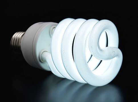 A glowing white spiral compact fluorescent lamp (CFL) light bulb isolated against a solid black background, showing its energy-efficient design.