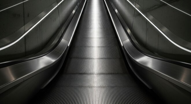 Modern escalator with a dark, textured tread surface, illuminated by overhead lights in a sleek architectural setting, representing efficient public transportation and urban movement.