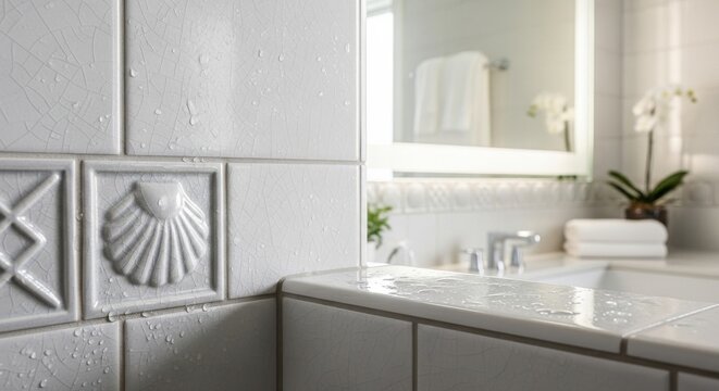 Wet white ceramic tile corner with seashell accent in a bright, modern bathroom sink area