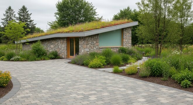Modern stone building with a green roof and permeable paver driveway surrounded by lush landscaping