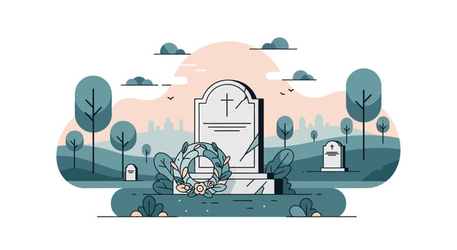 Cemetery Landscape with Gravestone and Wreath, City Skyline Background