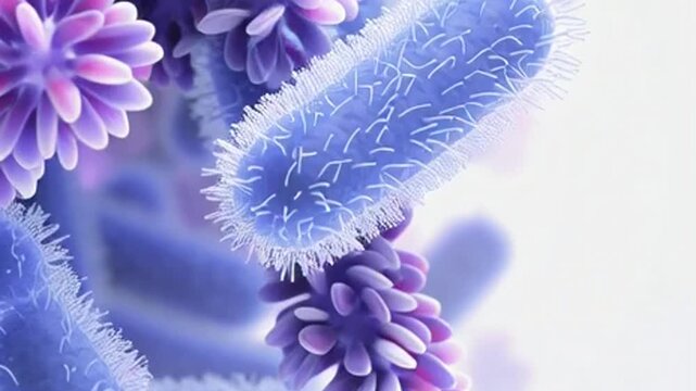 Microscopic View of Blue Rod-Shaped Bacteria with Cilia, Medical Science Concept