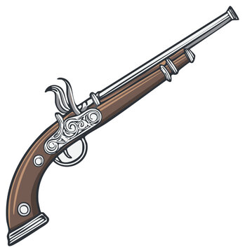 Antique Flintlock Pistol with Ornate Metalwork and Wooden Handle