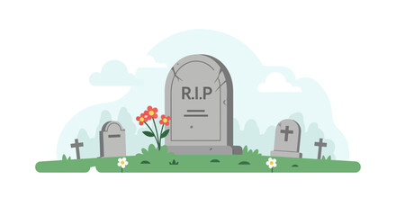 Graveyard with RIP Tombstone, Flowers and Crosses - Flat Design