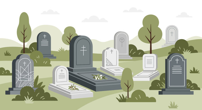 Graveyard Scene with Diverse Tombstones and Trees