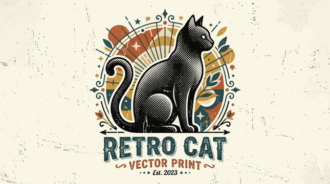 Black Cat Sitting Retro Style.