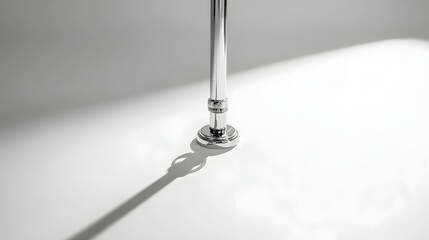 Elegant chrome faucet casting a long shadow on a pristine white surface, minimalist design.