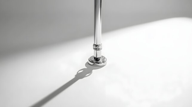Elegant chrome faucet casting a long shadow on a pristine white surface, minimalist design.