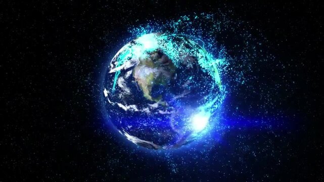 Beautiful 3d earth planet animation. Space World planet satellite Stars galaxy black background 4k.