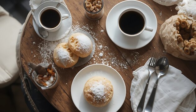 Overhead view of coffee cups and pastries on a table, creating a cozy breakfast scene. cafe du monde