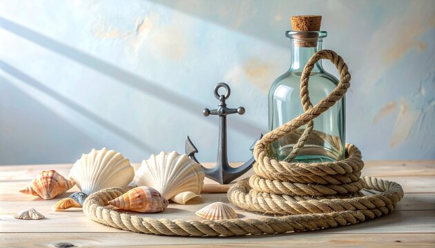 A coastal still life composition with nautical elements, featuring seashells, a decorative anchor, and coiled rope