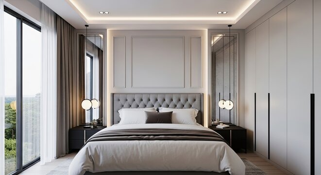 Modern luxury bedroom with tufted headboard and large windows