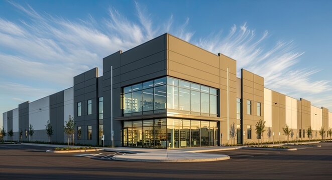 Modern industrial warehouse building with glass office entrance at sunset