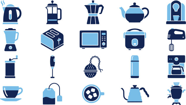 Electric kettle icons with steam for kitchen apps, hot beverage menus, and household appliance guides.
