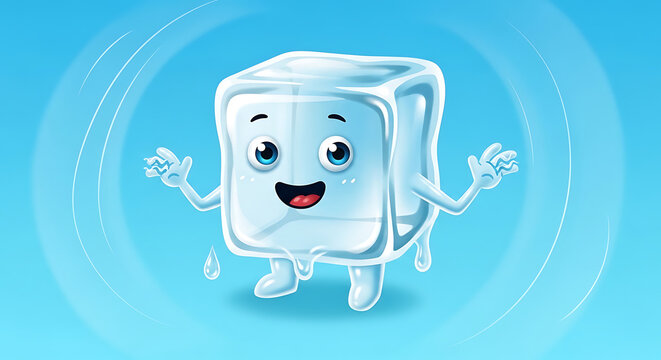 A smiling ice cube character stands calmly with arms outstretched