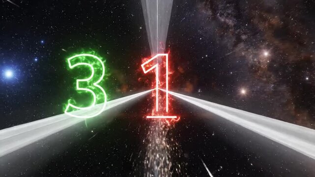 Top ten countdown using neon light numbers in space with bright stars and a cosmic background